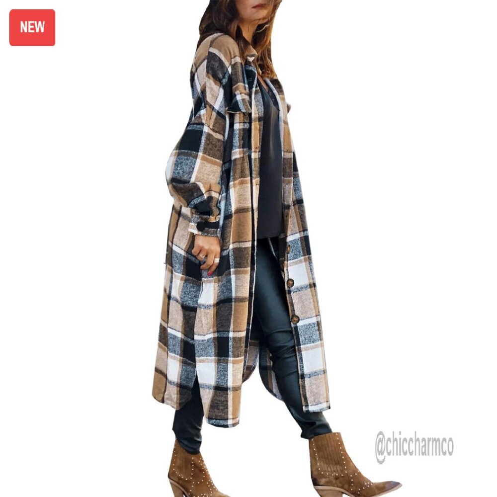 Oversized Flannel Plaid Shacket Jacket - 100% Polyester - Four Pockets